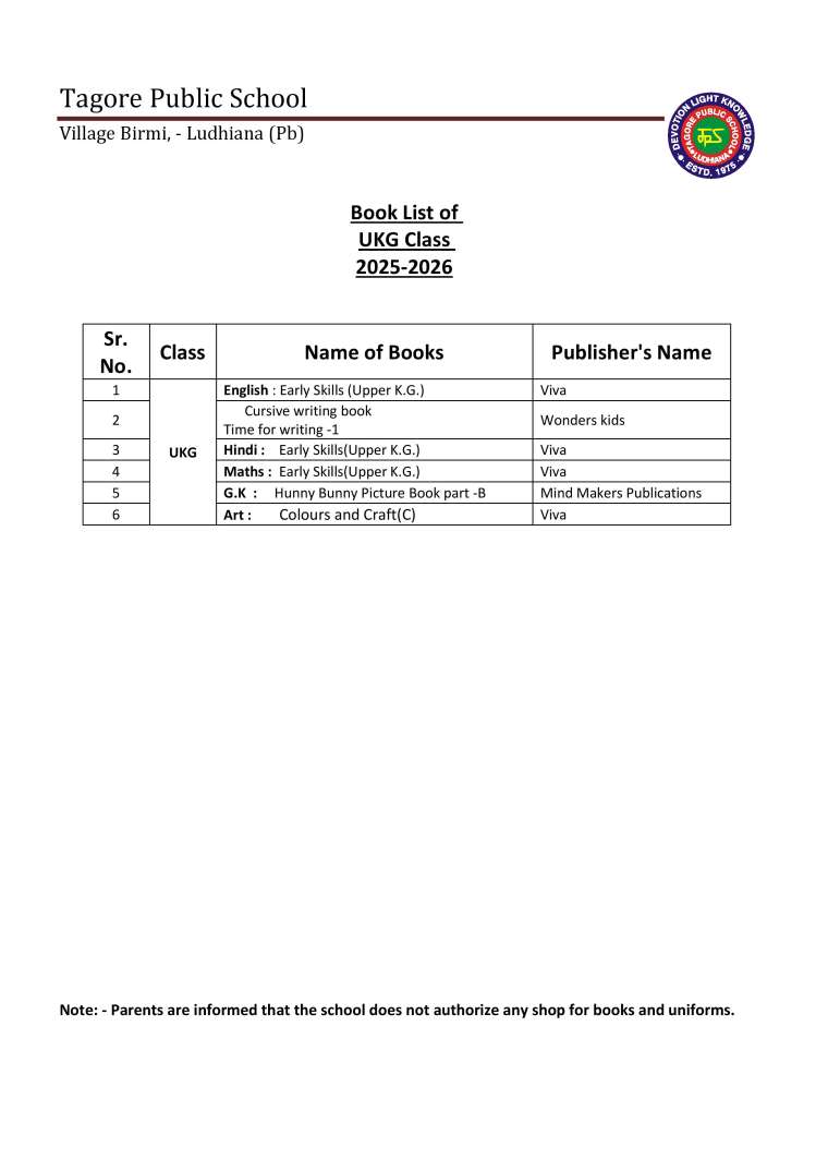 Book List of UKG Class 2025-2026