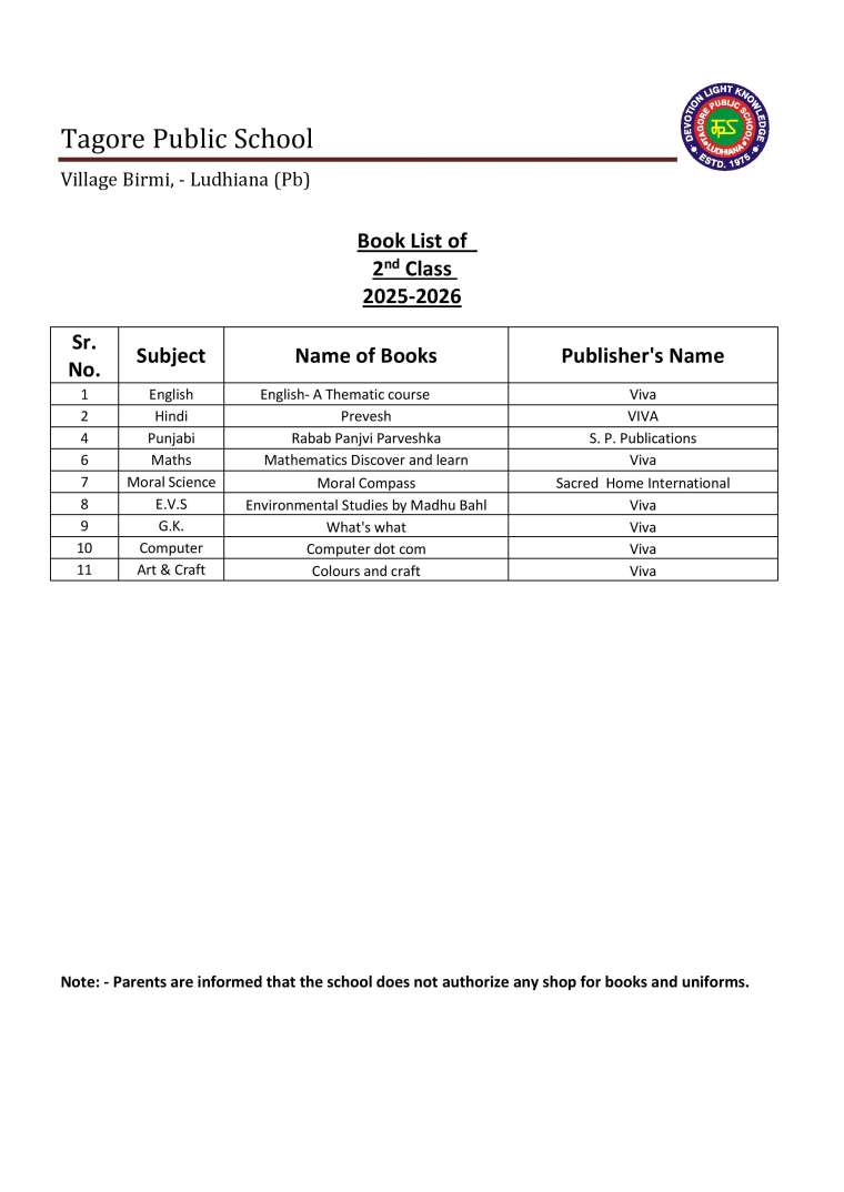 Book List of  2nd Class  2025-2026