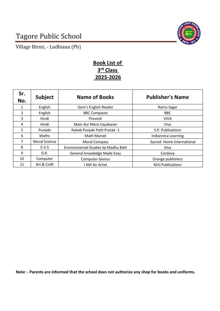 Book List of 3rd Class  2025-2026