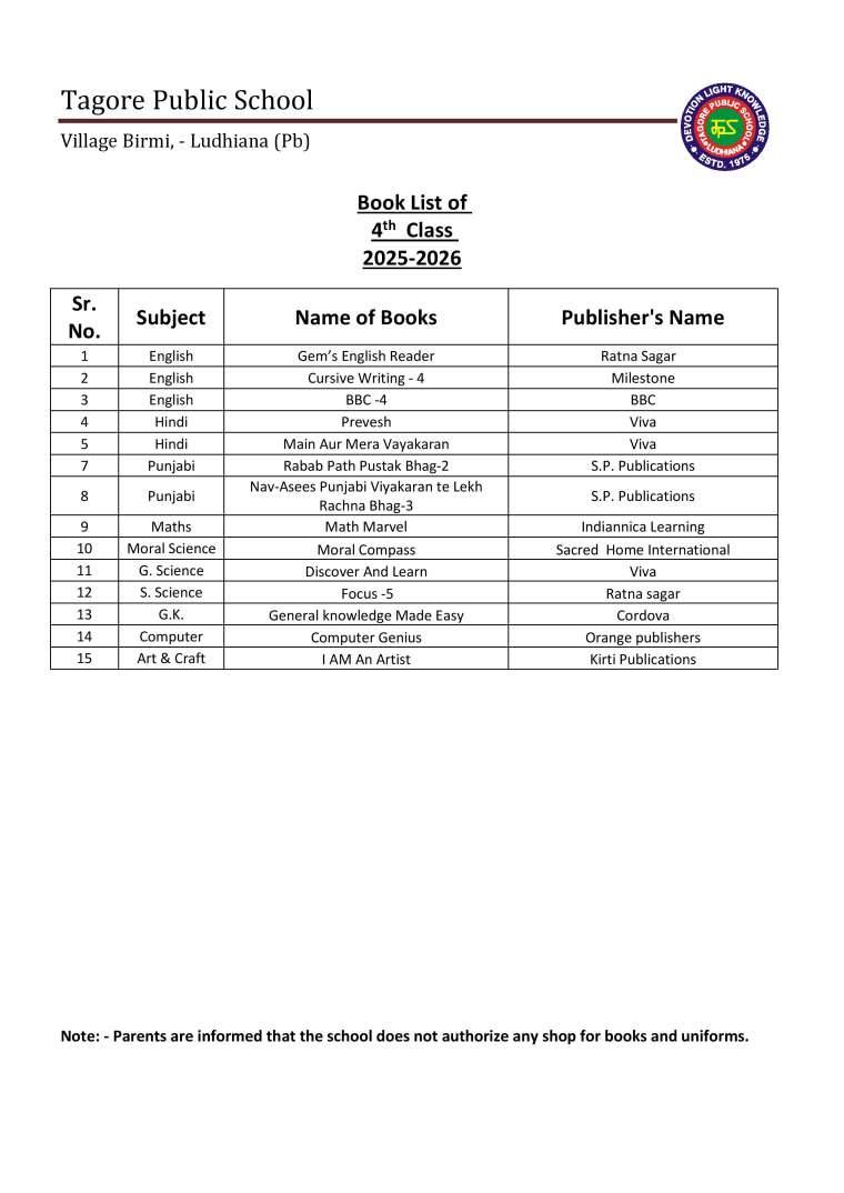 Book List of 4th  Class 2025-2026