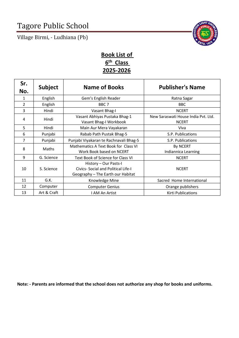 Book List of 6th  Class 2025-2026
