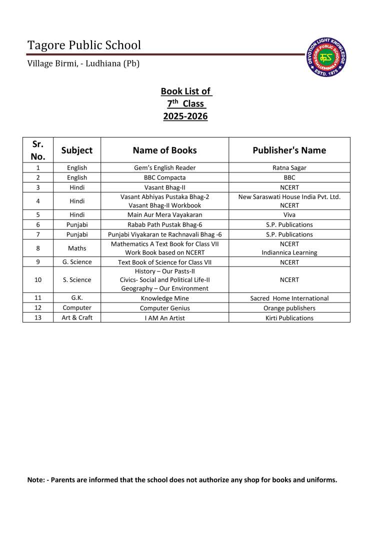 Book List of 7th  Class 2025-2026