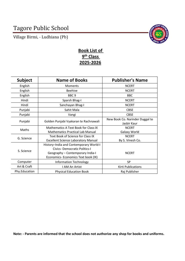 Book List of 9th  Class  2025-2026